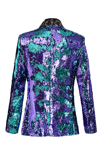 Châle scintillant revers violet et bleu Blazer de bal pour homme à paillettes